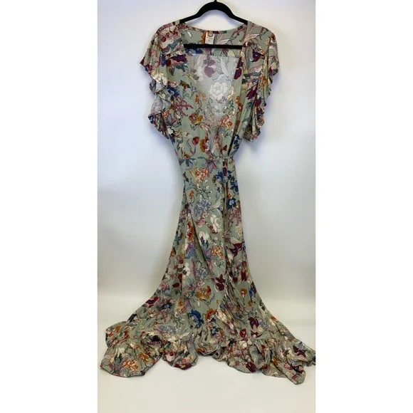 ELF Carmen Wrap Dress Gray Floral Ruffle V Neck Rayon Green Multi Tie Size L/XL - Picture 2 of 15